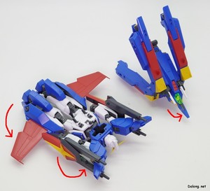 Club G Mission Pack X Type for F90IIIY Cluster Gundam - 백팩을 분리하여 기수를 펼친 후, 날개와 빔 캐논부를 위와 같이 회전시킵니다.