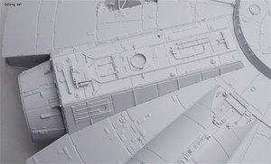 PG 1/72 Millennium Falcon - 상부 디테일샷. 밝은 회색면의 몰드를 자세히 볼 수 있게 조명을 약하게 하고 촬영했습니다. (11/13)