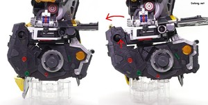 PG Unleashed Nu Gundam - 해제한 후에 우측처럼 하체를 비틀어 변형 시킬 수 있습니다. 화살표를 자세히 보면 리어 스커트 고정 구멍 내부의 작은 핀도 함께 이동하는 것을 볼 수 있는데요. 기본 상태에서 리어